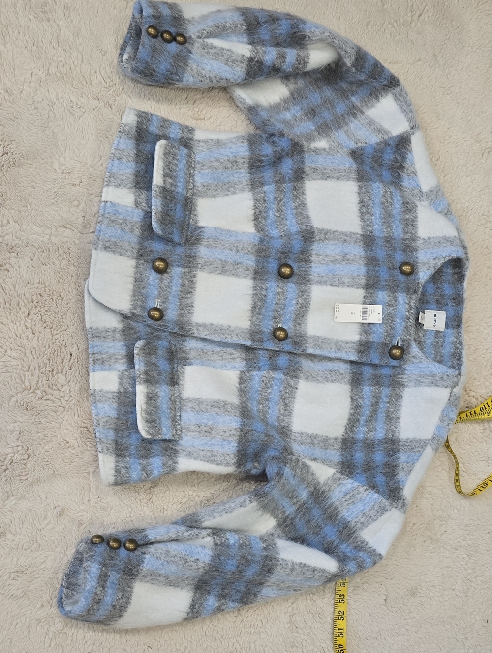 Maeve Blue, Gray & White Plaid Double-Breasted Pea Coat